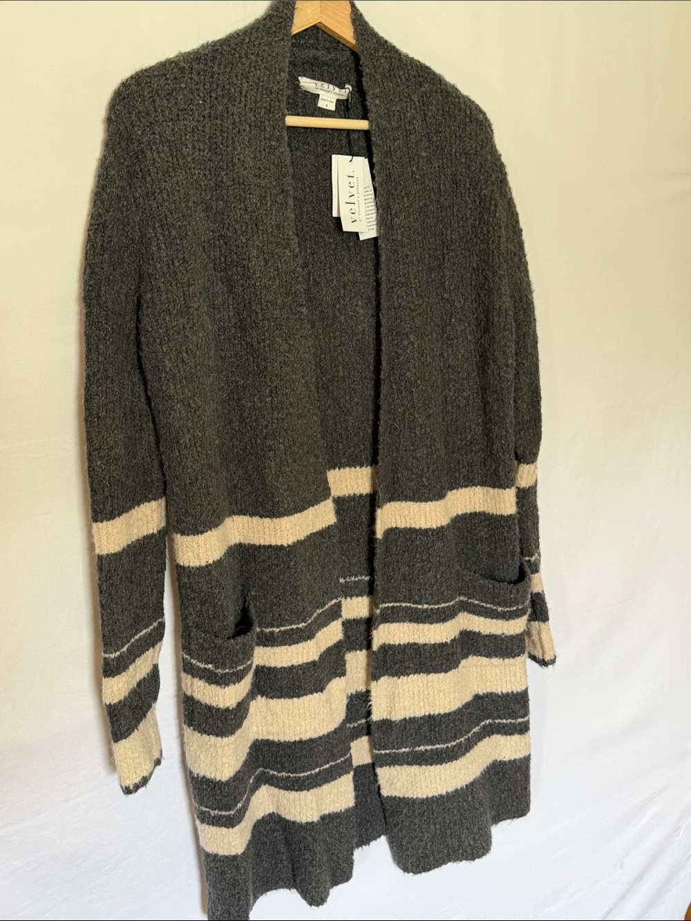 Velvet by Graham & Spencer Charcoal and Cream Open-Front Striped Cardigan